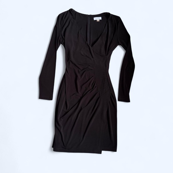 Calvin Klein Black Side Rouched Wrap Dress V Neck Long Sleeve - Picture 1 of 8